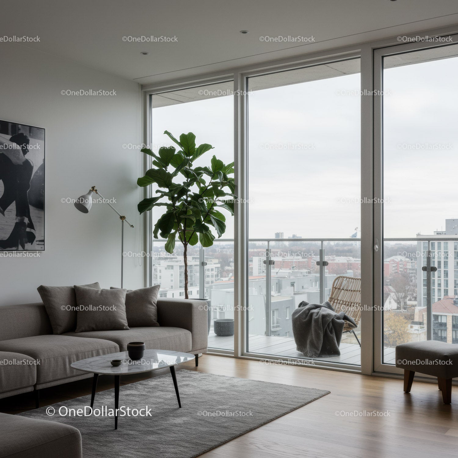 Bright Modern Living Room with Large Windows and City View