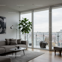 Bright Modern Living Room with Large Windows and City View