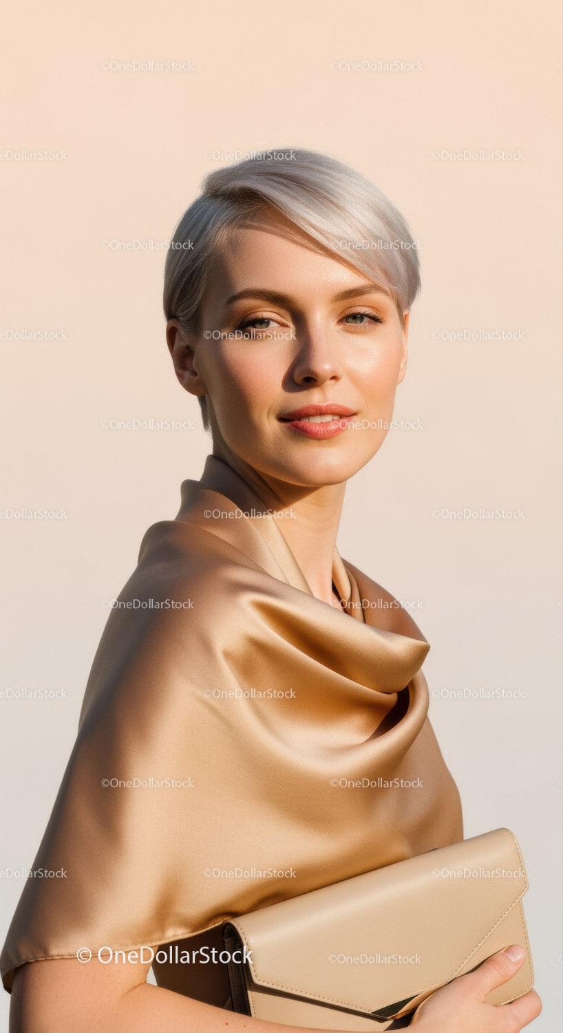 Elegant Woman with Short Blonde Hair and Natural Makeup in Studio
