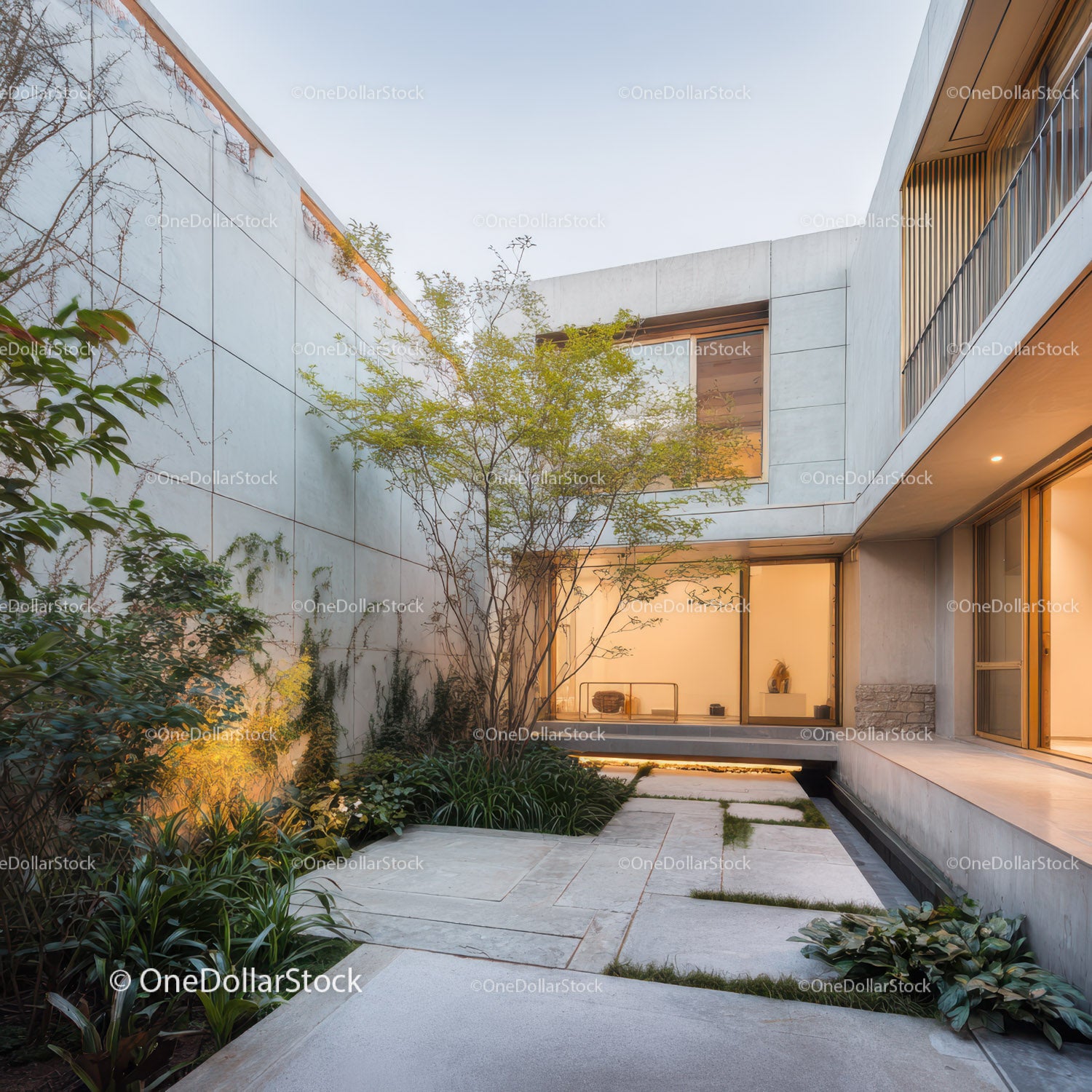 Modern Concrete Courtyard with Lush Greenery and Minimalist Design