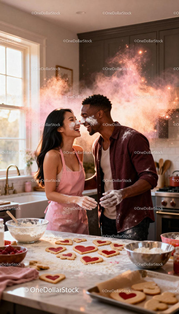 Couple Having Fun Baking Heart-Shaped Cookies Together