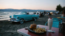 Beachside Cheeseburger French Fries and Milkshake with Classic Car