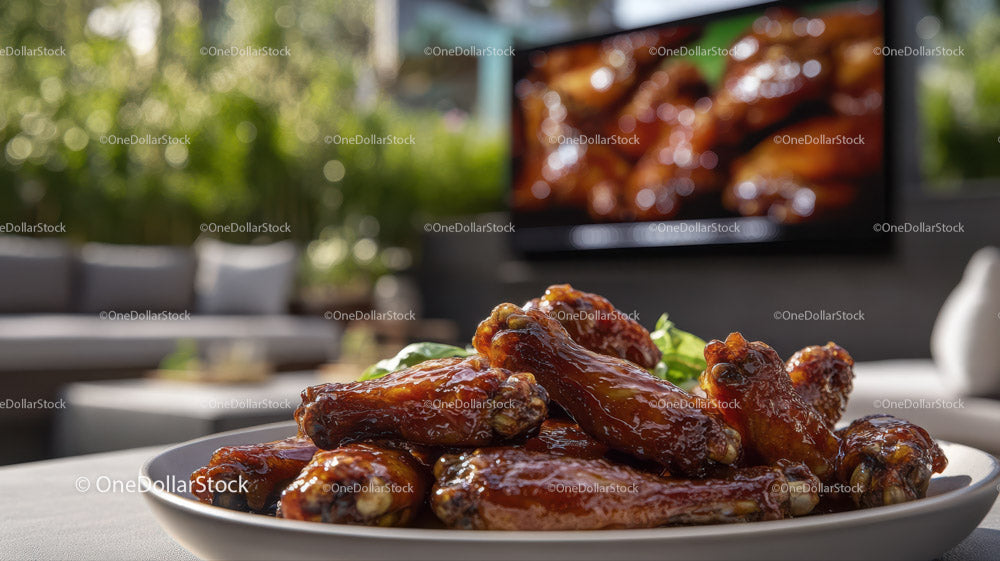 Juicy Glazed Chicken Wings on a White Plate in Outdoor Setting
