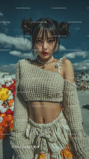 Fashionable Young Woman in Summer Street Style with Beige Sweater and Shorts
