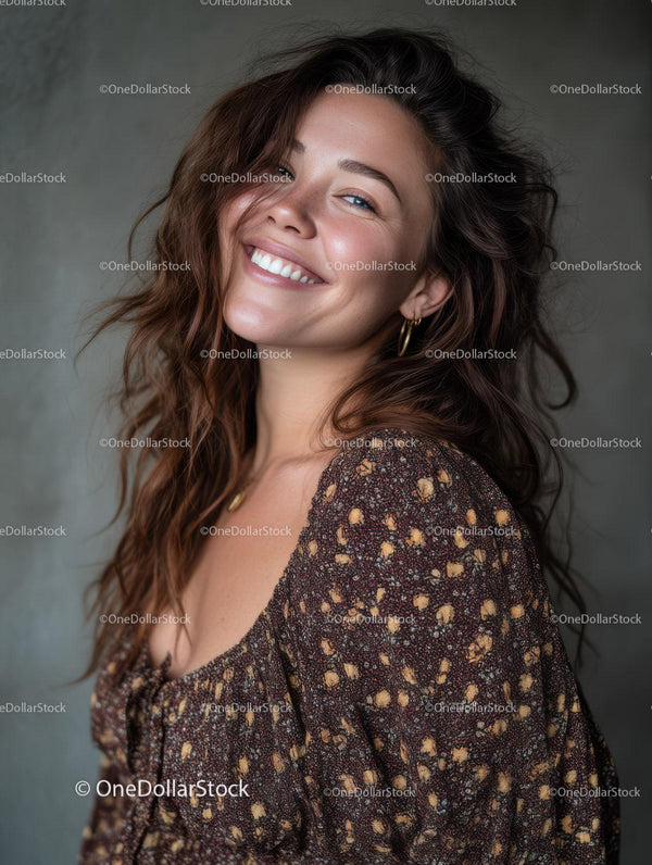 Smiling Woman with Wavy Hair Wearing Floral Dress in Studio