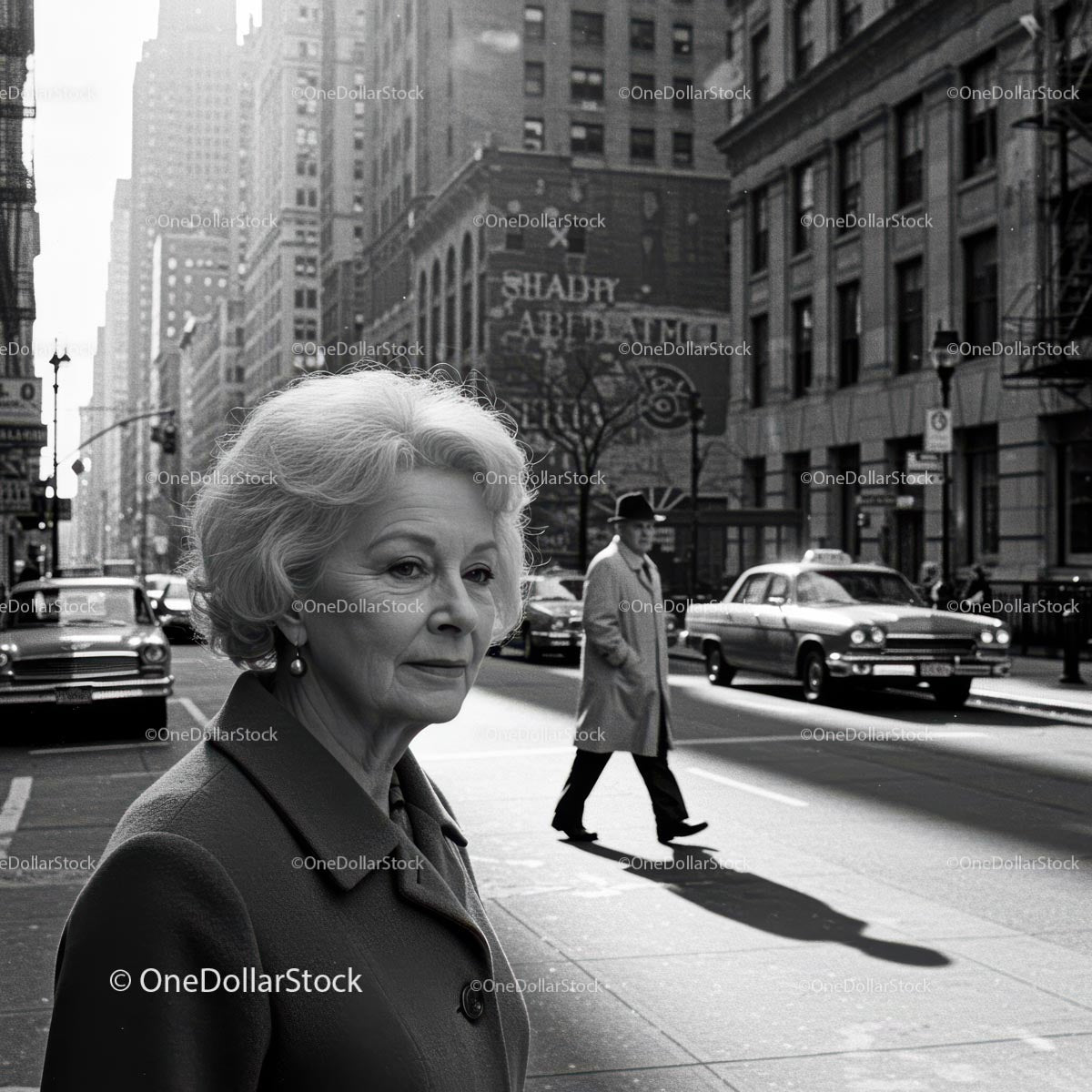Elderly Woman in Busy City Street Surrounded by Vintage Cars
