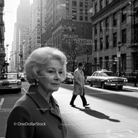 Elderly Woman in Busy City Street Surrounded by Vintage Cars
