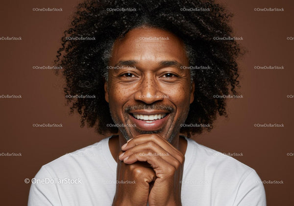 Happy Man with Curly Hair Smiling in Studio Portrait
