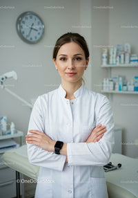 Confident Female Doctor in White Coat in Modern Medical Clinic