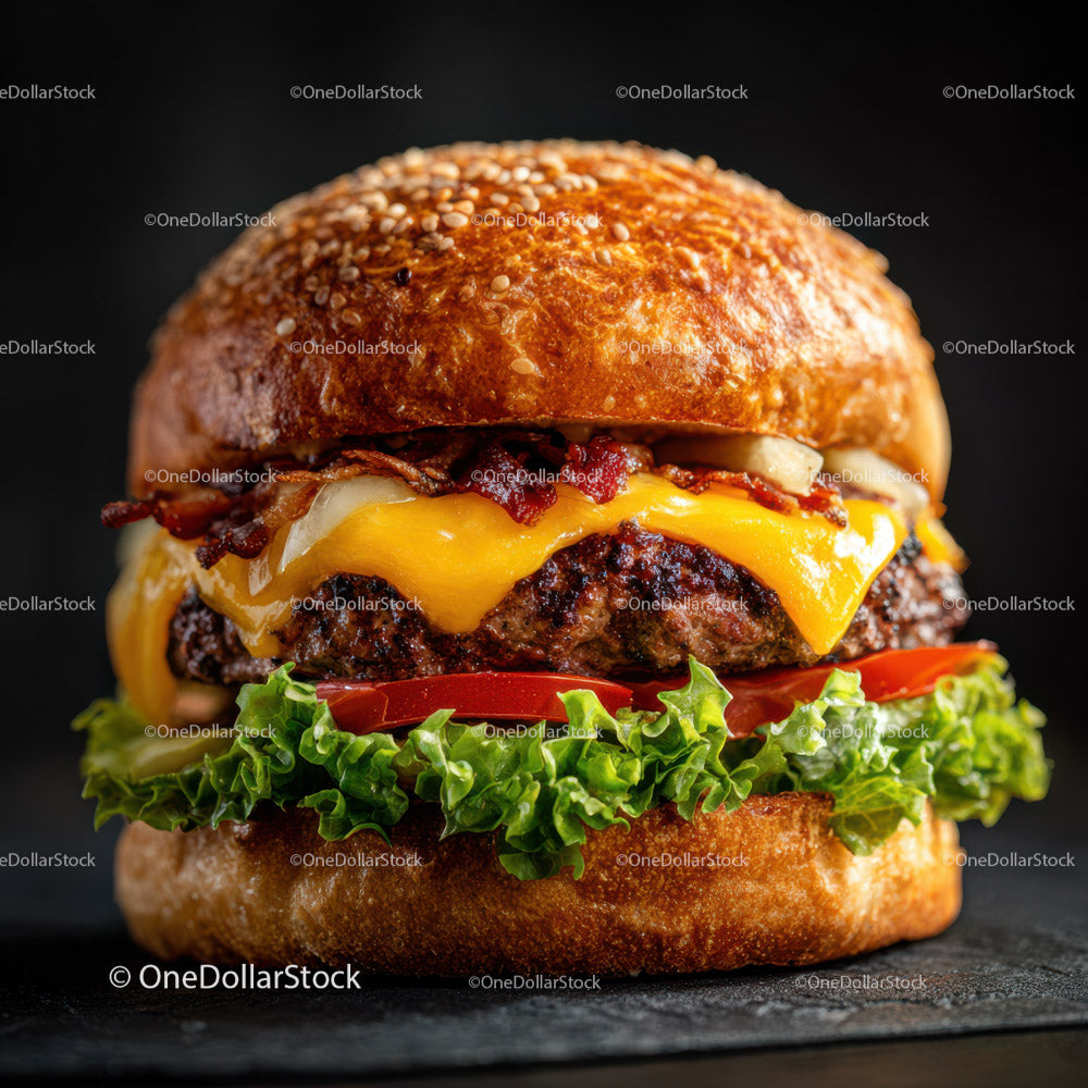 Soczysty cheeseburger z boczkiem, sałatą, pomidorem i roztopionym serem