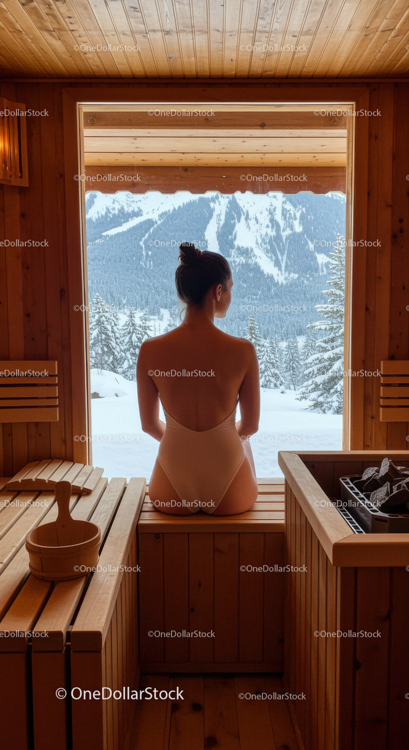 Woman Sitting in Wooden Sauna with Mountain and Snowy Forest View