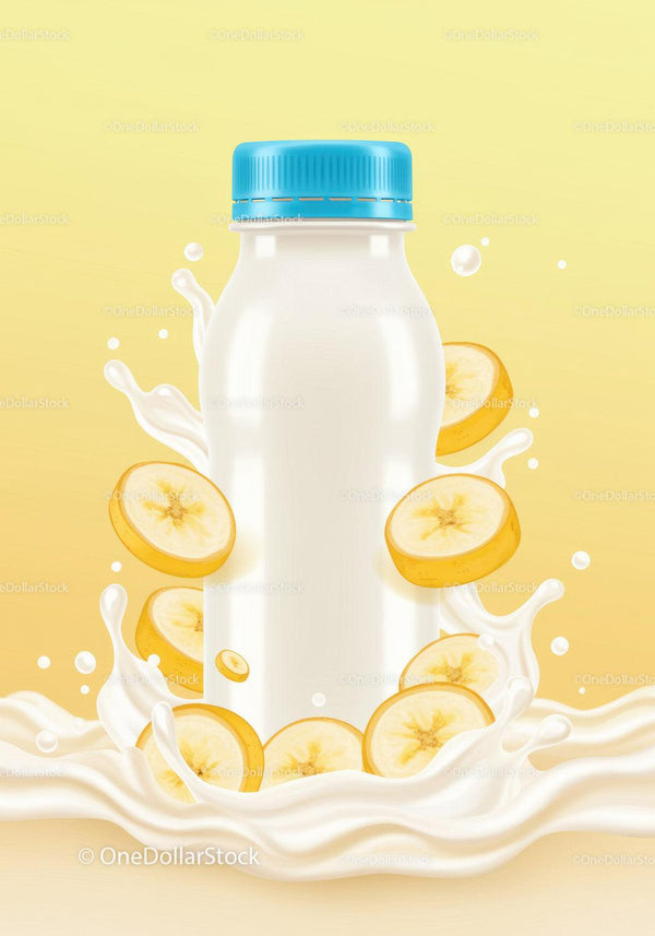 Butelka mleka z świeżymi plasterkami banana i rozpryskującym się mlekiem