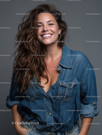 Happy Woman Wearing Casual Denim Shirt with Bright Smile Stock Photo