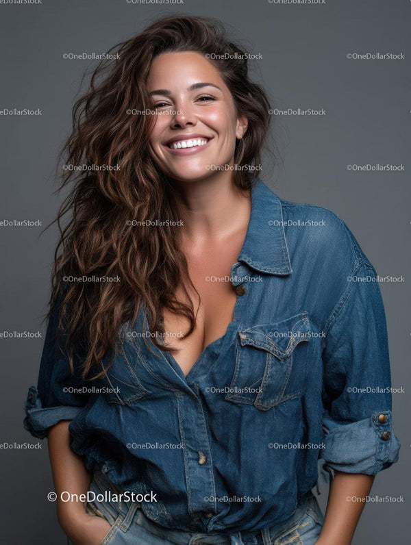 Happy Woman Wearing Casual Denim Shirt with Bright Smile Stock Photo