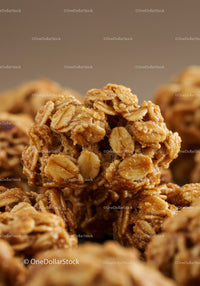 Crunchy oat granola clusters close up view