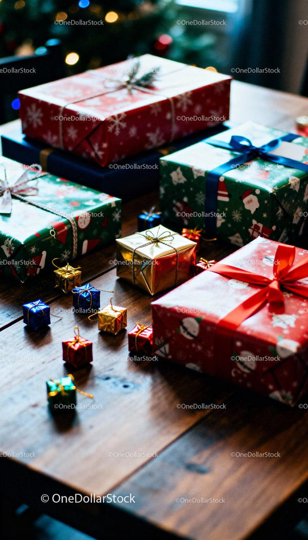Colorful Wrapped Christmas Presents on Wooden Table