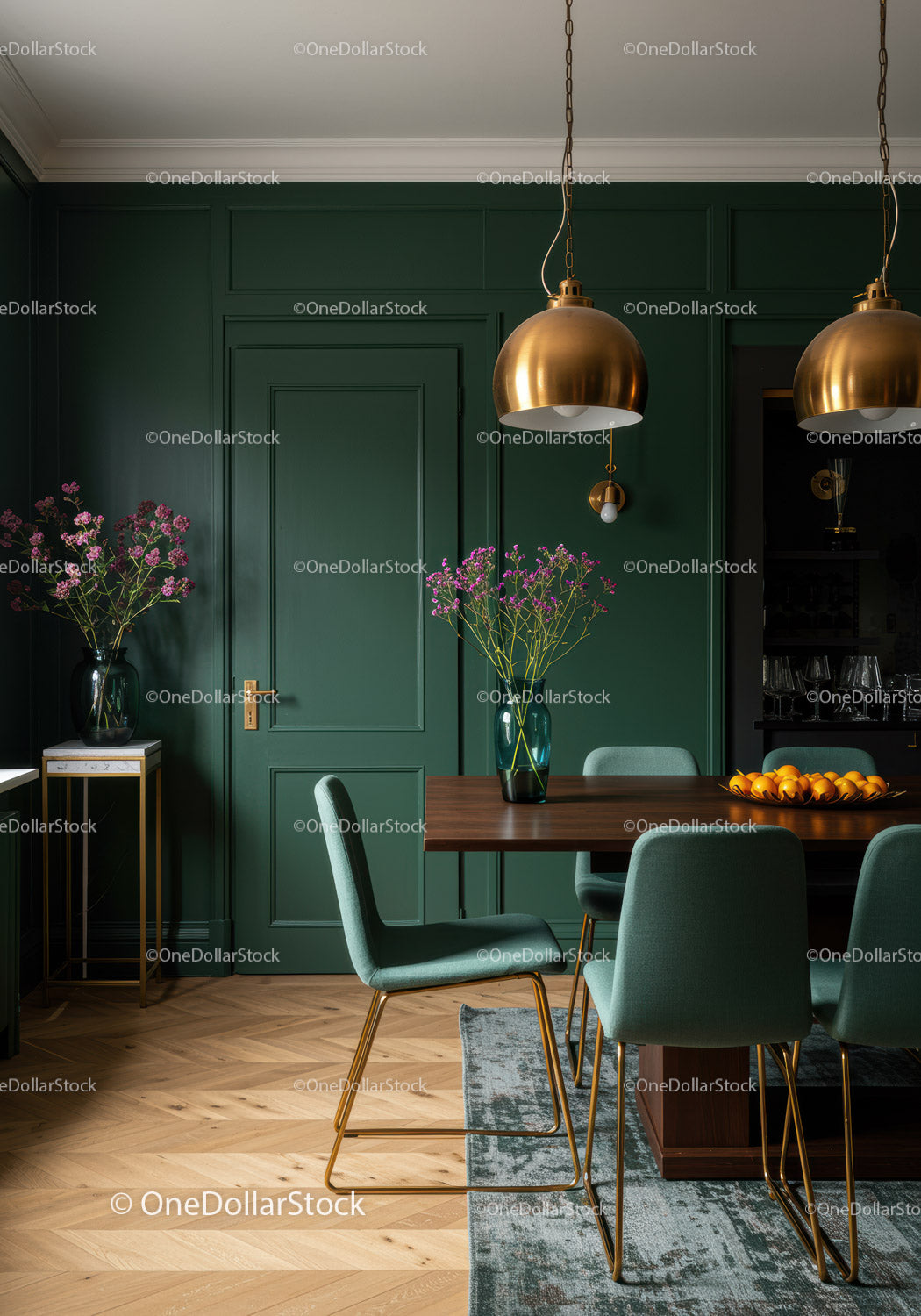 Stylish Modern Dining Room with Gold Pendant Lights and Emerald Green Walls
