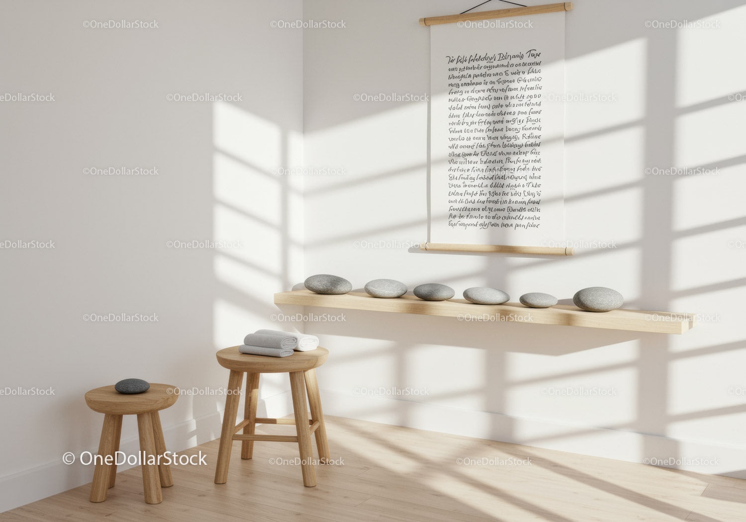 Minimalistyczne wnętrze zen z naturalnymi kamieniami i drewnem