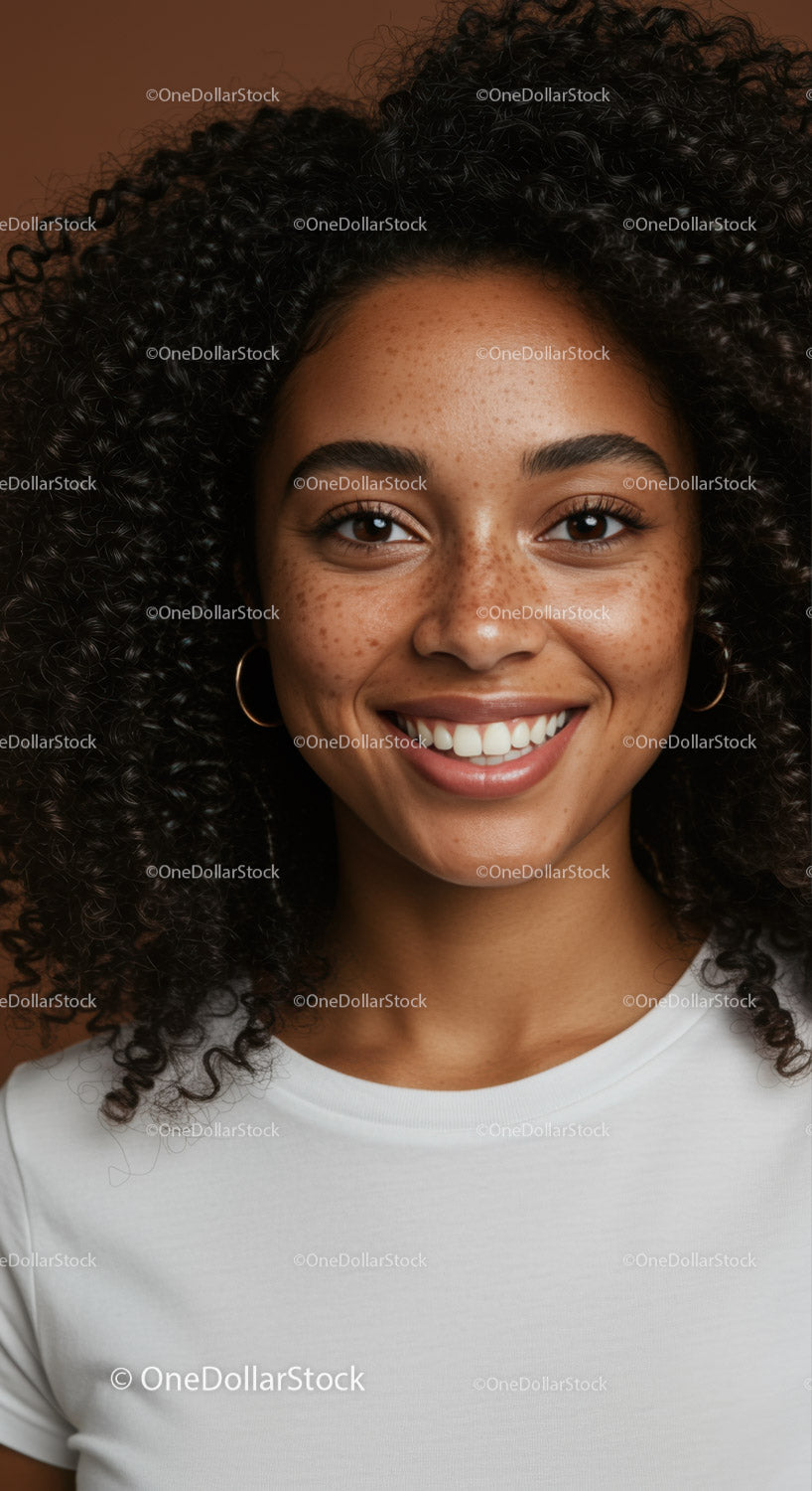 Portrait of a Smiling Woman with Curly Hair and Freckles in Casual Attire