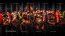 Juicy Grilled Meat Skewers with Charred Edges on Open Flame