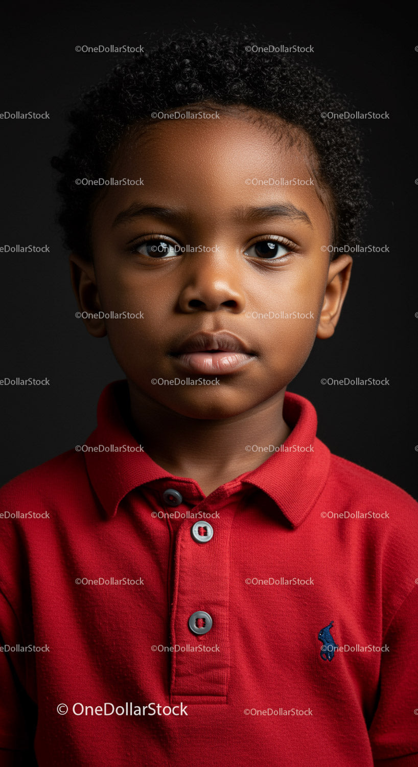 Close-up of a young boy with curly hair in red shirt
