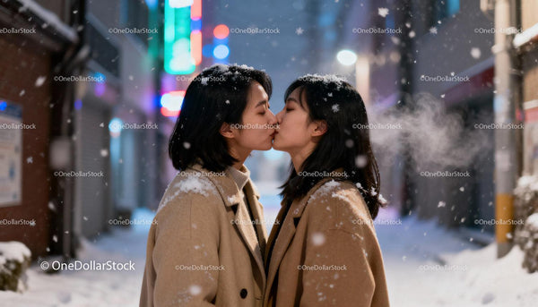 Couple Sharing a Tender Kiss on a Snowy Urban Night
