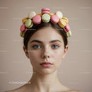 Young woman wearing colorful macaron crown on beige background