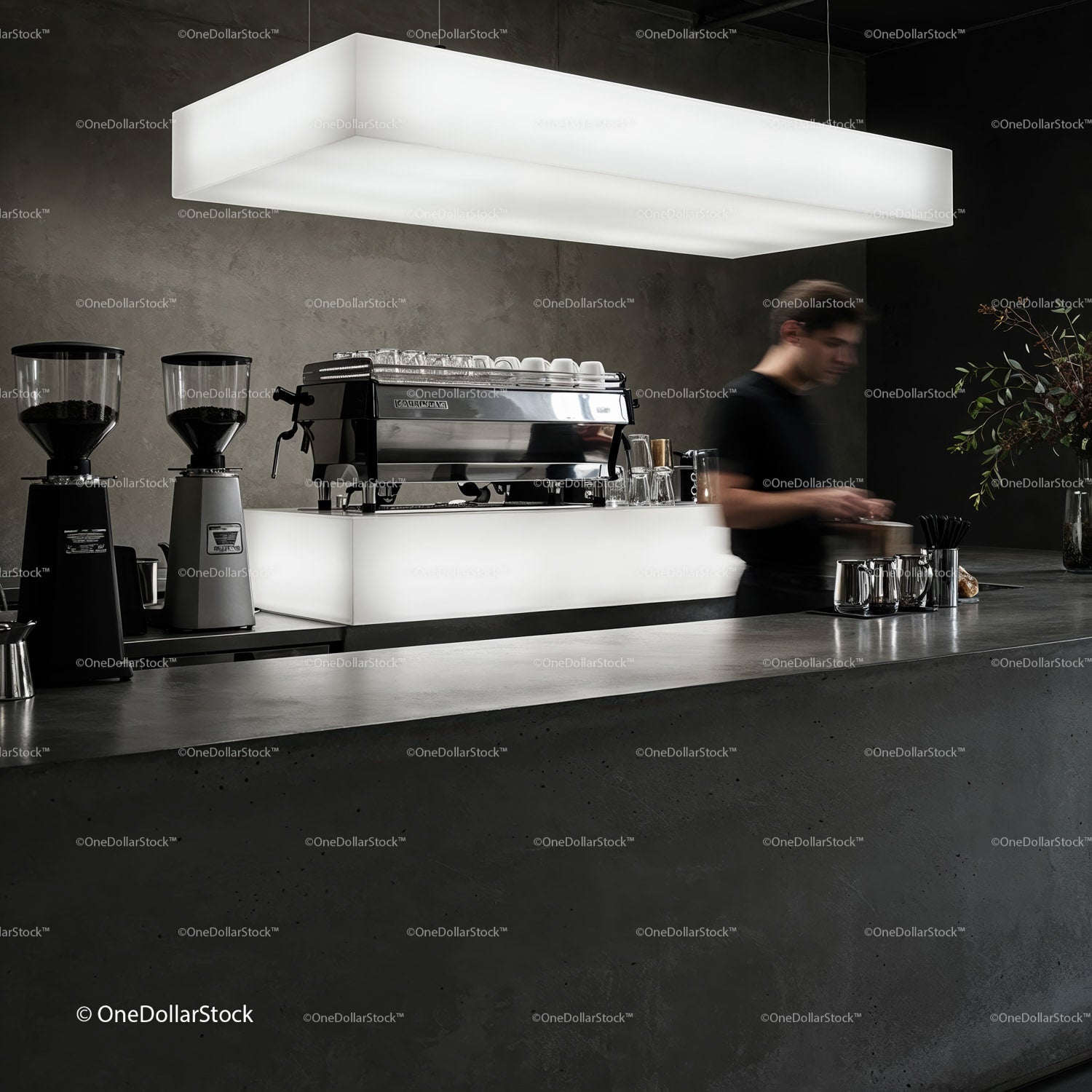 Barista preparing coffee in modern minimalist cafe interior