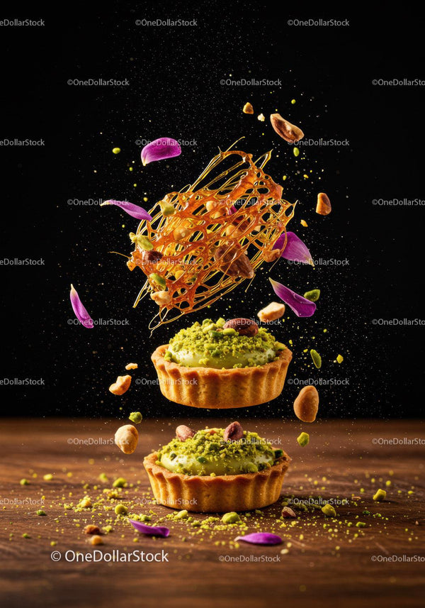 Creative pistachio tart with caramel and petals floating