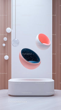Futuristic Inner Space with Hanging Spherical Chairs and Minimalist Decor