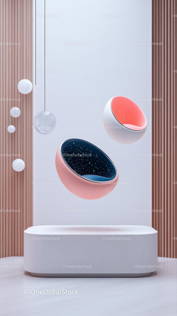 Futuristic Inner Space with Hanging Spherical Chairs and Minimalist Decor
