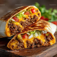 Beef Burrito with Lettuce Tomatoes and Cheddar Cheese in Tortilla