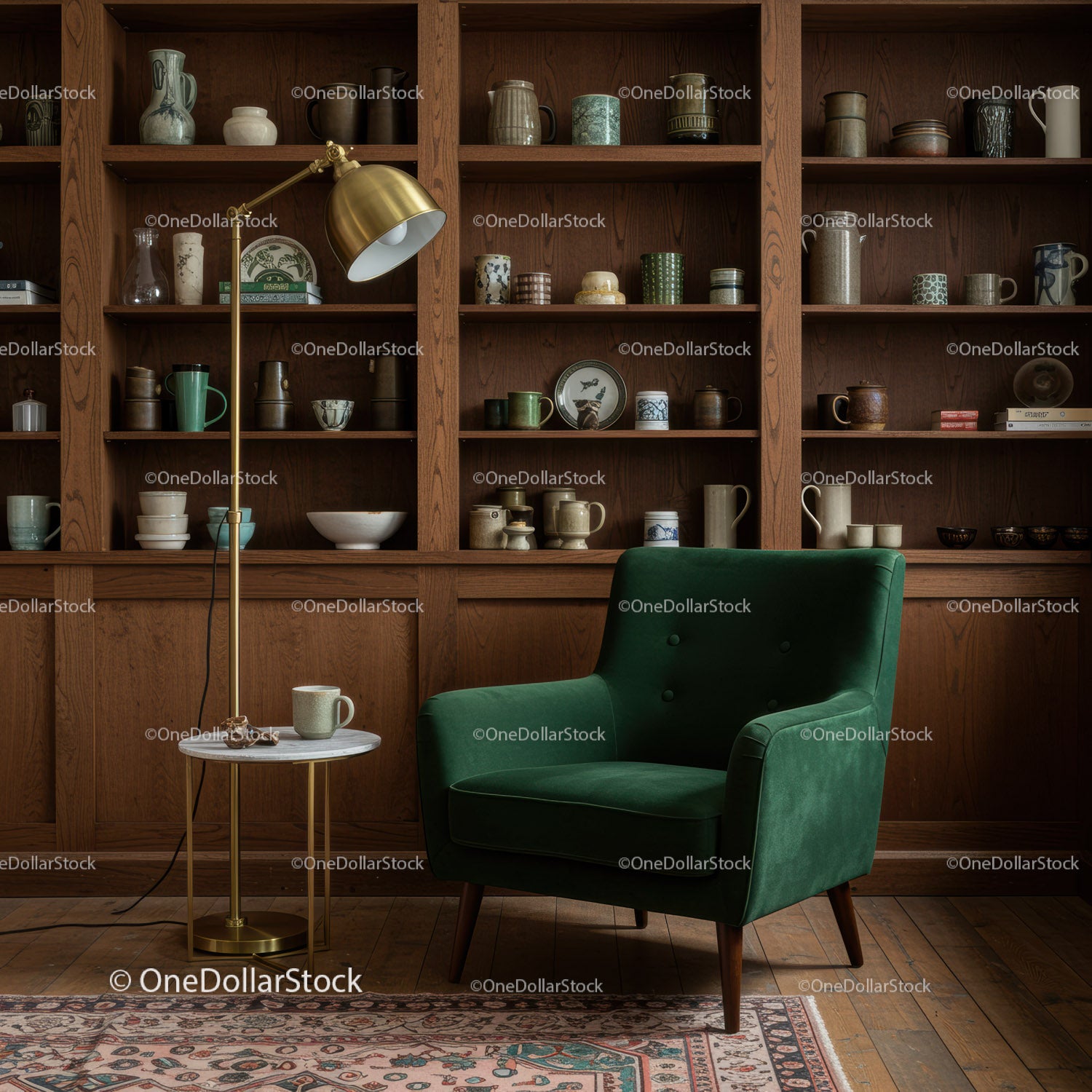 Cozy reading nook with green armchair and wooden shelves