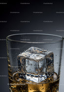 Whiskey with melting ice cube in clear glass