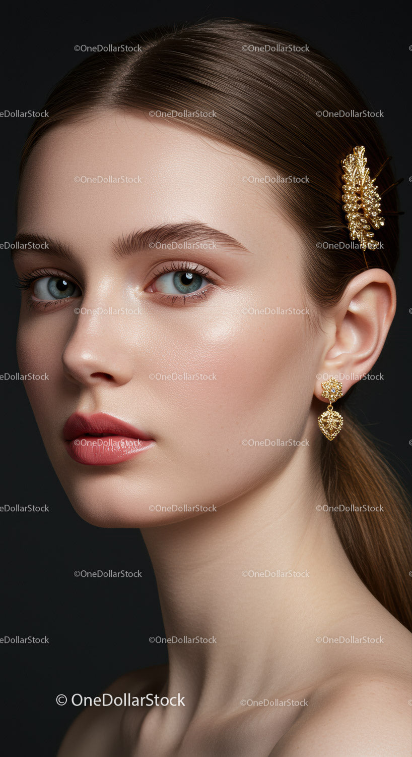 Elegant Woman with Gold Jewelry and Smooth Skin in Close-Up Portrait