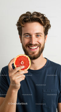 Young Man Smiling Holding Fresh Grapefruit in Bright Studio