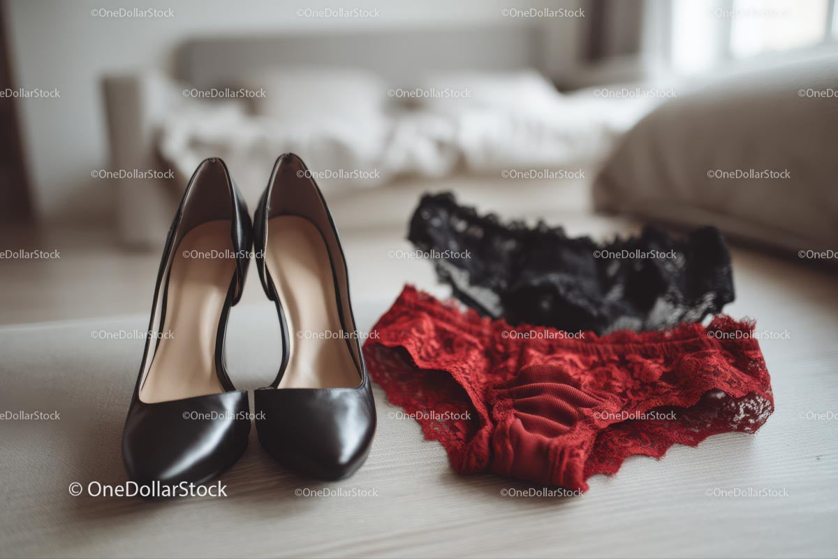Chic Black Heels and a Red Lace Dress in a Cozy Bedroom Setting