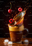 Fresh cherries splashing into iced coffee cup