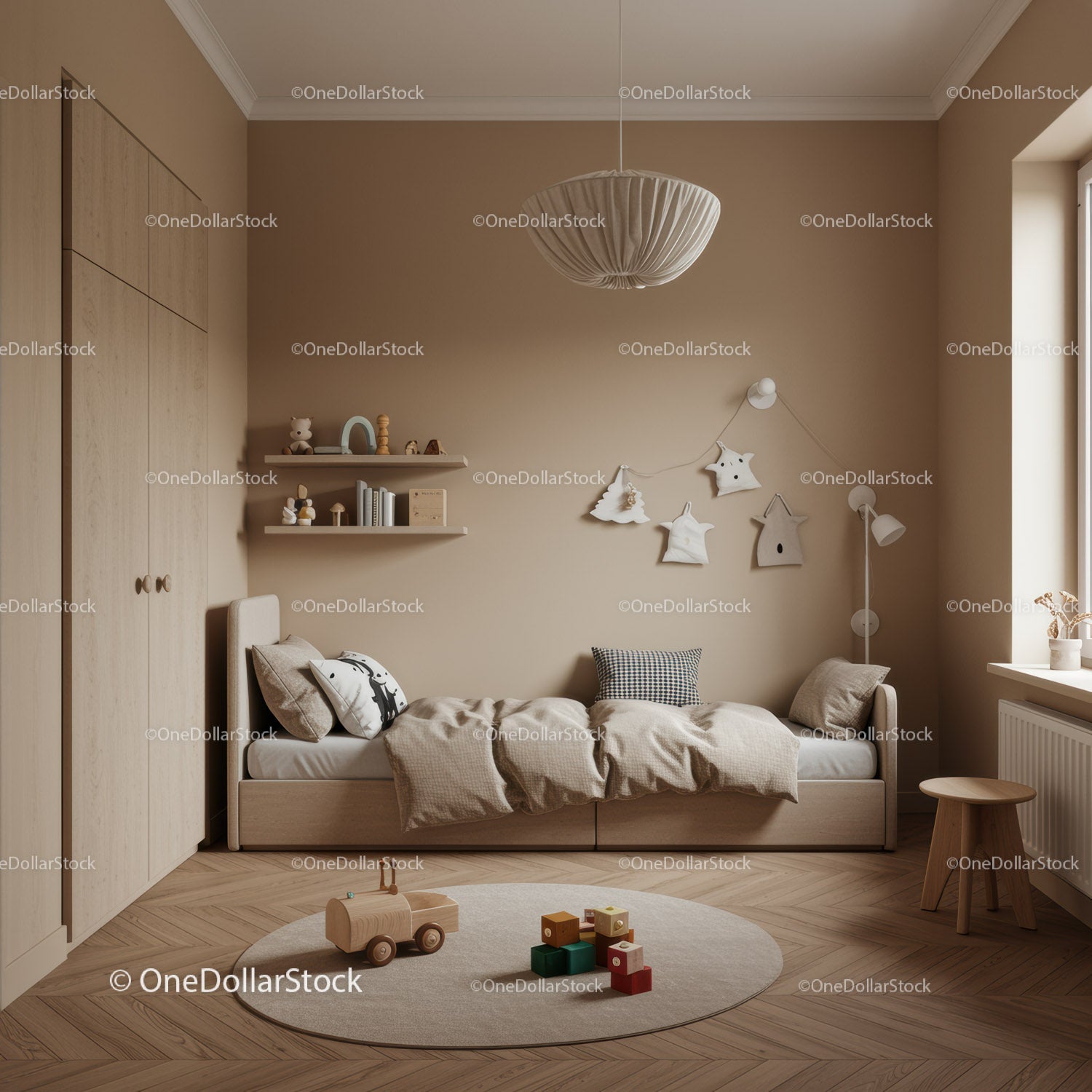 Cozy Children's Bedroom with Beige Walls and Wooden Furniture