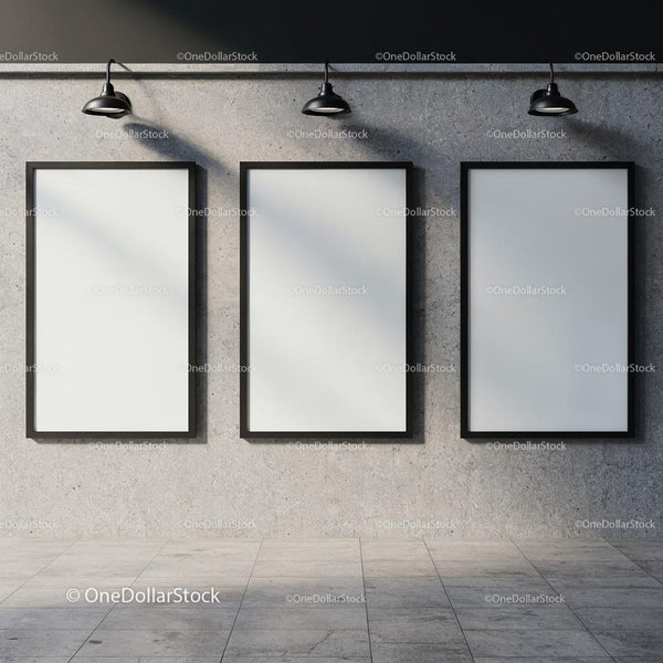 Minimalist gallery wall with three blank posters JPG Mockup Image