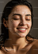 Happy Woman with Exfoliating Facial Mask Showing Radiant Skin
