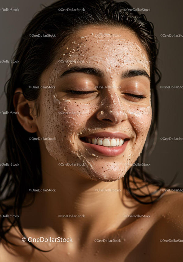 Happy Woman with Exfoliating Facial Mask Showing Radiant Skin