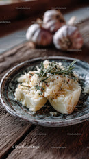 Rustic Herb Garnished Potato Salad on Wooden Table