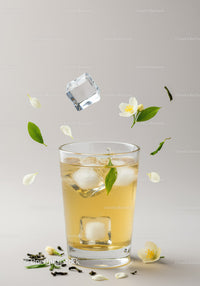 Refreshing iced jasmine tea with fresh flowers and leaves