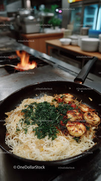 Spaghetti with Meatballs and Sautéed Greens in a Kitchen Setting