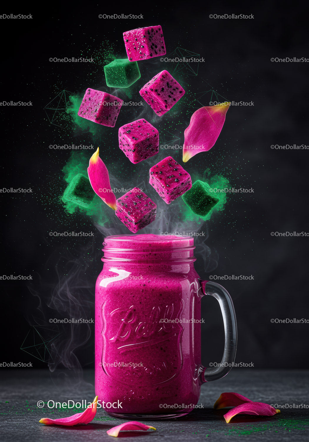 Vibrant Dragon Fruit Smoothie with Floating Cubes and Petals