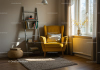 Cozy reading corner with yellow armchair and natural light