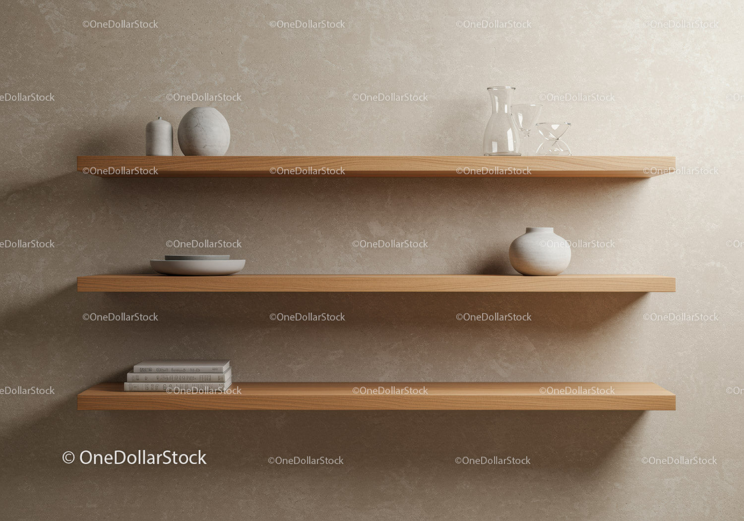 Minimalist Wooden Shelves with Ceramic Vases and Glassware in Modern Interior