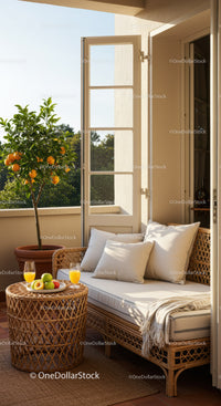 Cozy balcony nook with citrus tree and fresh juice