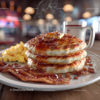 Stack of Fluffy Pancakes with Bacon and Syrup in Cozy Breakfast Setting